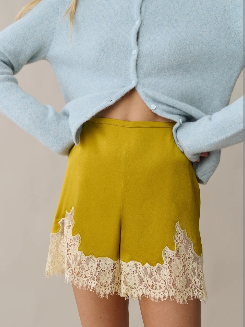 Few Moda Lace Hem Silk Shorts - Mustard